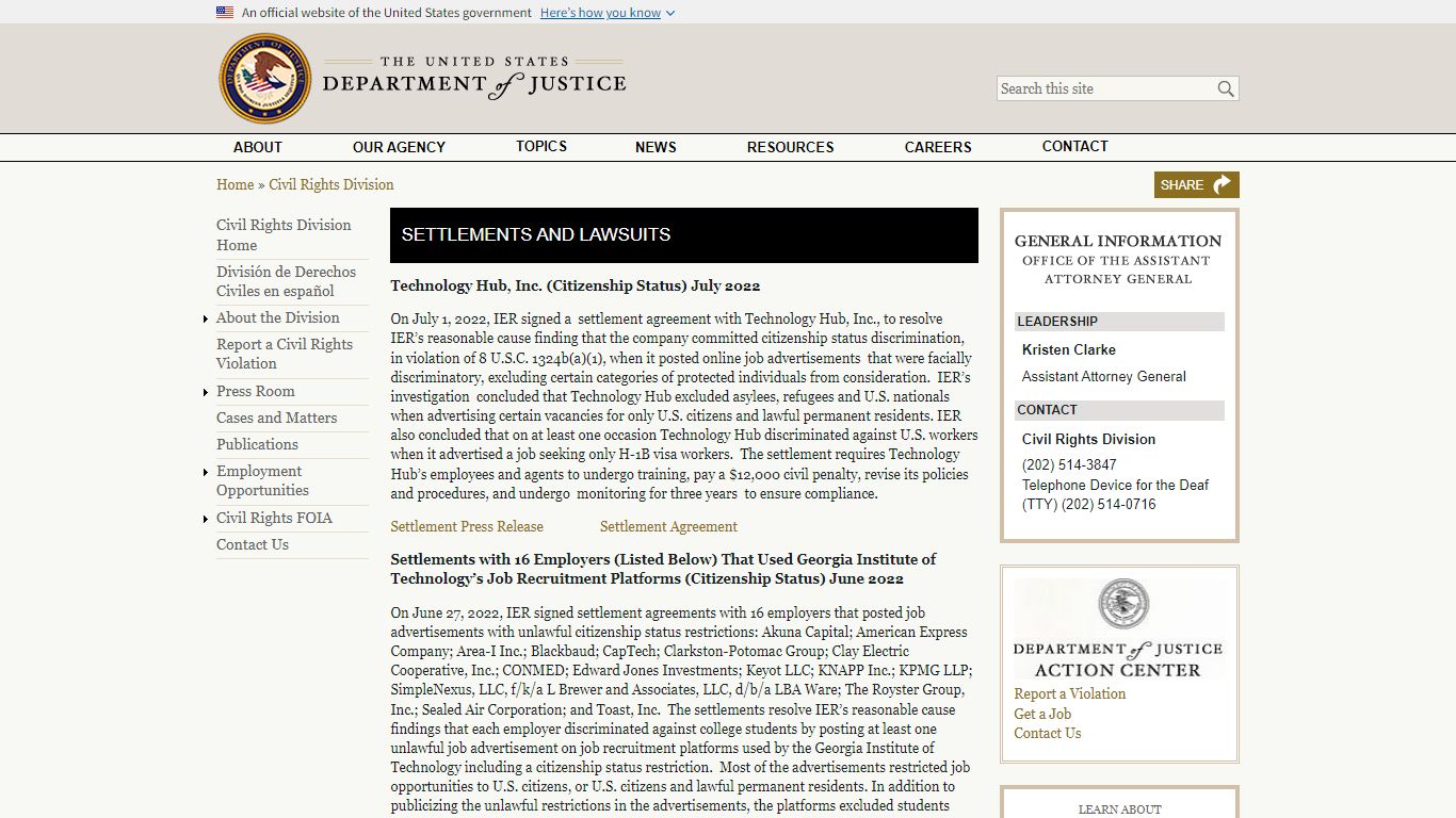 Settlements and Lawsuits - United States Department of Justice